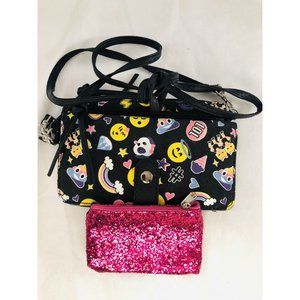 No Boundaries Emoji Crossbody Wristlet Black Purse Detachable Straps + extra